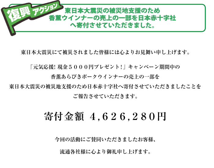 
東日本大震災にて被災されました皆様には心よりお見舞い申し上げます。


「元気応援！現金５０００円プレゼント！」キャンペーン期間中の香薫あらびき
ポークウインナーの売上の一部を
東日本大震災の被災地支援のため日本赤十字社へ寄付させていただきましたことを
ご報告させていただきます。


寄付金額　　４,６２６,２８０円


今回の活動にご賛同いただきましたお客様、流通各社様に心より御礼申し上げます。