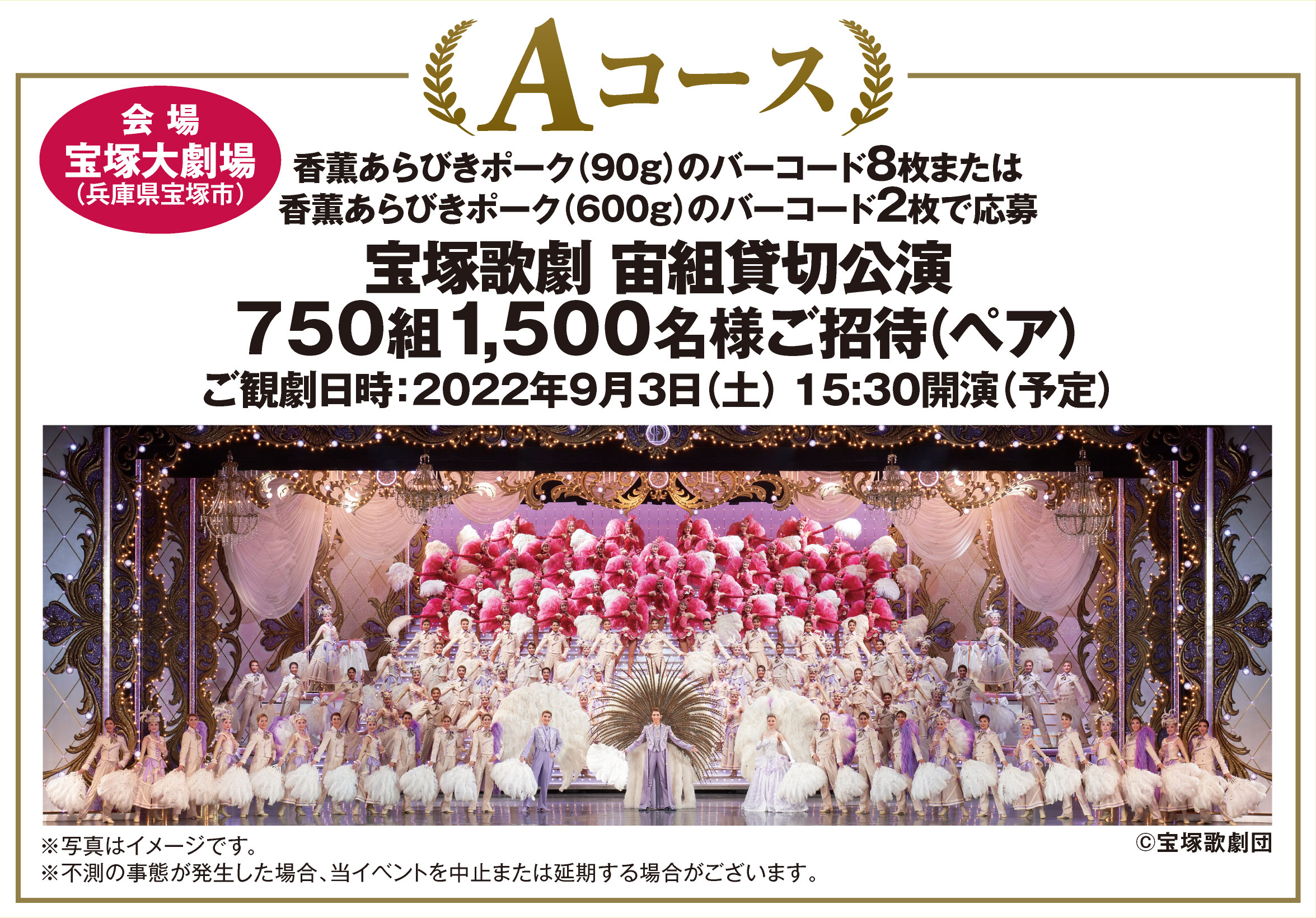 Aコース<br>
    宝塚歌劇 宙組貸切公演 750組1,500名様ご招待（ペア）<br>
	ご観劇日時：2022年9月3日（土） 15:30開演（予定）<br>
    香薫あらびきポーク（90g）のバーコード8枚または香薫あらびきポーク（600g）のバーコード2枚で応募<br>
	※不測の事態が発生した場合、当イベントを中止または延期する場合がございます。
  