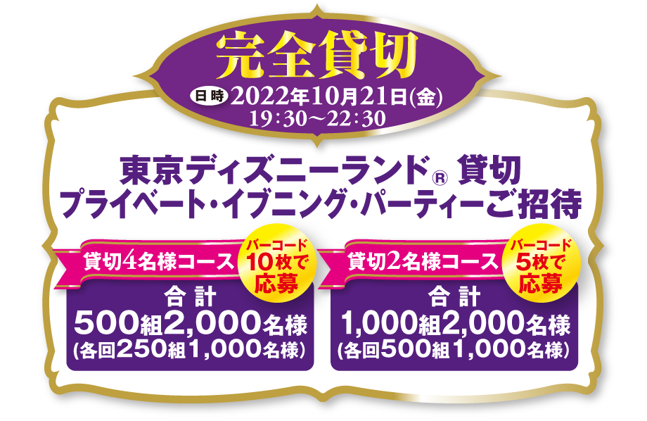 完全貸切 東京ディズニーランド®貸切プライベート・イブニング・パーティーご招待<br>日時：2022年10月21日(金) 19：30～22：30<br>貸切4名様コース バーコード10枚で応募 合計500組2,000名様<br>貸切2名様コース バーコード5枚で応募 合計1.000組2,000名様