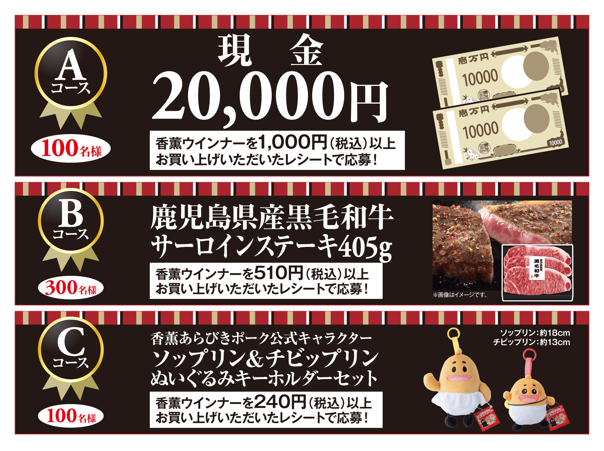 【Aコース】現金20,000円 100名様 香薫ウインナーを1,000円(税込)以上お買い上げいただいたレシートで応募!【Bコース】鹿児島県産黒毛和牛サーロインステーキ405g 300名様 香薫ウインナーを510円(税込)以上お買い上げいただいたレシートで応募!【Cコース】香薫あらびきポーク公式キャラクター ソップリン&チビップリン ぬいぐるみキーホルダーセット ソップリン:約18cm チビップリン:約13cm 100名様 香薫ウインナーを240円(税込)以上お買い上げいただいたレシートで応募!