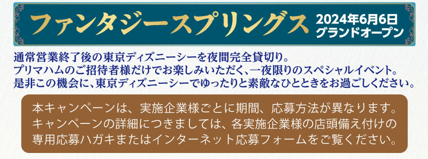 ファンタジースプリングス 2024年6月6日グランドオープン 通常営業終了後の東京ディズニーシーを夜間完全貸切り。プリマハムのご招待者様だけでお楽しみいただく、一夜限りのスペシャルイベント。是非この機会に、東京ディズニーシーでゆったりと素敵なひとときをお過ごしください。 本キャンペーンは、実施企業様ごとに期間、応募方法が異なります。キャンペーンの詳細につきましては、各実施企業様の店頭備え付けの専用応募ハガキまたはインターネット応募フォームをご覧ください。