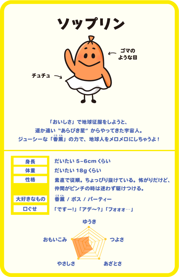 「おいしさ」で地球征服をしようと、遥か遠い”あらびき星”からやってきた宇宙人。ジューシーな「香薫」の力で、地球人をメロメロにしちゃうよ！