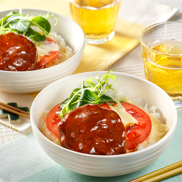 ハンバーグとトマトチーズのレンジのっけ丼