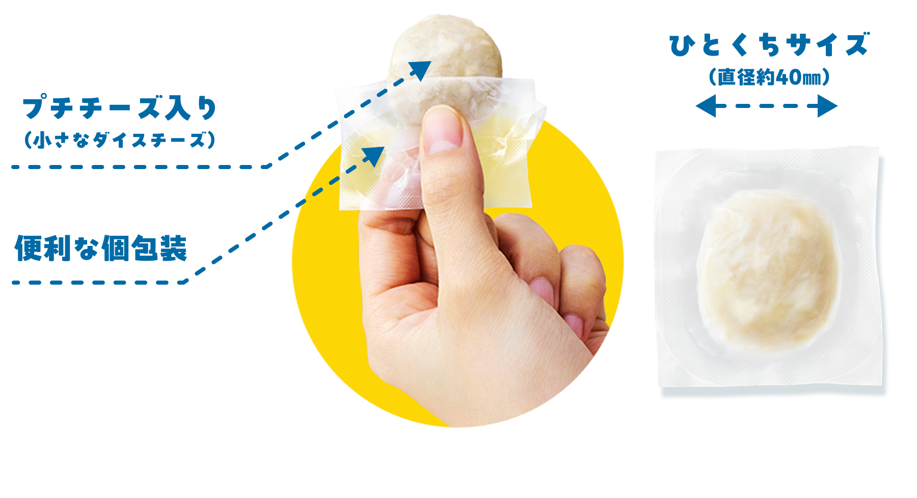 プチチーズ入り（小さなダイスチーズ） / 便利な個包装 / ひとくちサイズ（直径約40㎜）