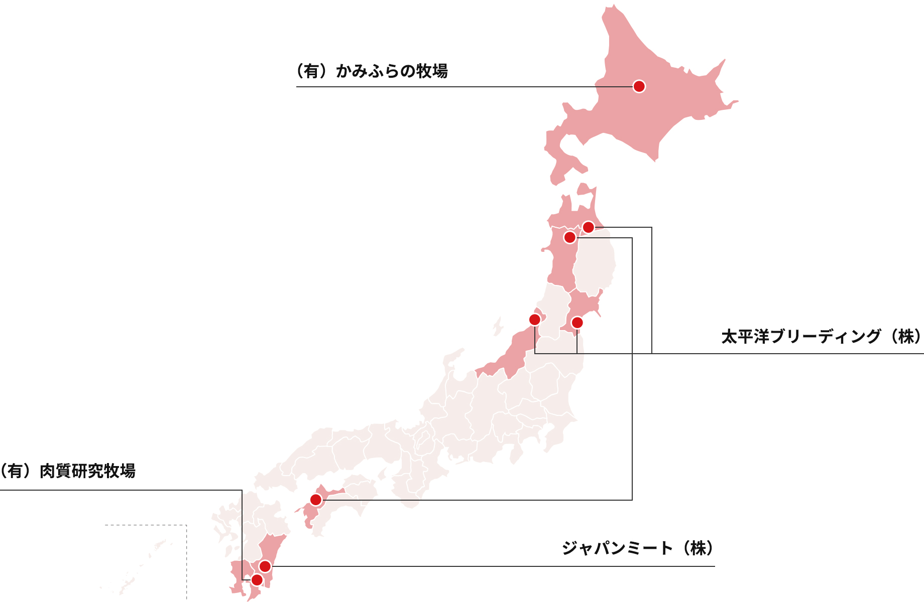 全国には8か所ある国内豚肉生産地を示した地図