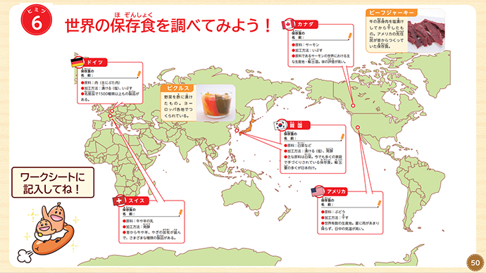 保存食のヒミツの教材の画像。「世界の保存食を調べてみよう」のページ