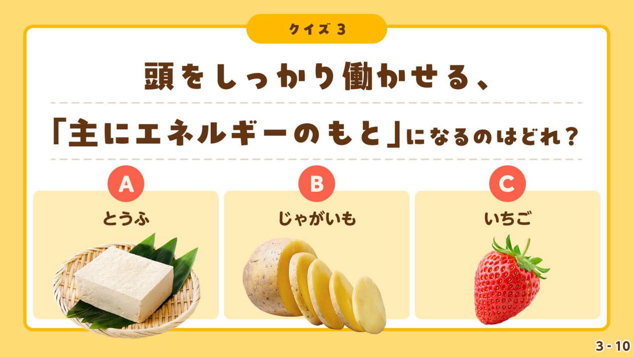 朝ごはんを食べようの教材の画像。「頭をしっかり働かせる「主にエネルギーのもと」になるのはどれ？」のページ
